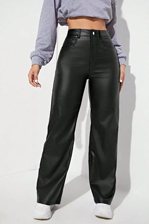 Yüksek Bel  Suni Deri fit Pantolon - Siyah