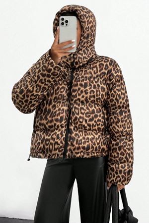 Leopar Desen Oversize Dolgulu Şişme Kadın Mont 