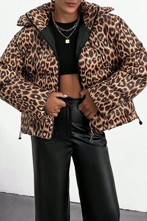 Leopar Desen Oversize Dolgulu Şişme Kadın Mont 