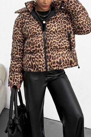 Leopar Desen Oversize Dolgulu Şişme Kadın Mont 