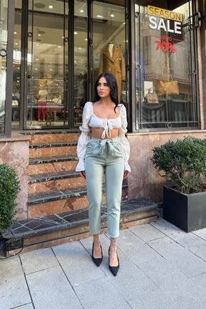 Kuşaklı Havuç Yüksel Bel Pantolon-Yeşil