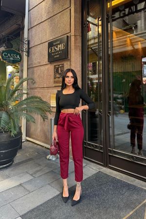Kuşaklı Havuç Yüksel Bel Pantolon-Bordo