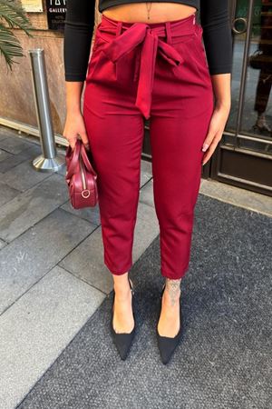Kuşaklı Havuç Yüksel Bel Pantolon-Bordo