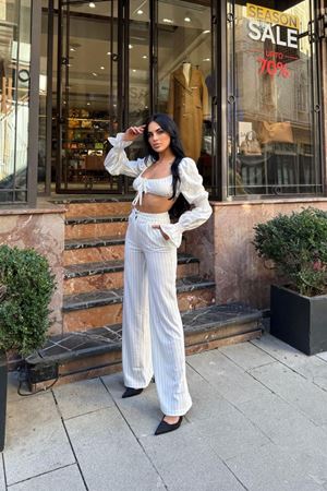 Kadın Ekru Dikey Çizgili Palazzo Pantolon