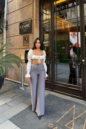 Kadın  Dikey Çizgili Palazzo Pantolon - Gri