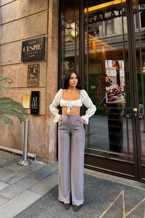 Kadın  Dikey Çizgili Palazzo Pantolon - Gri