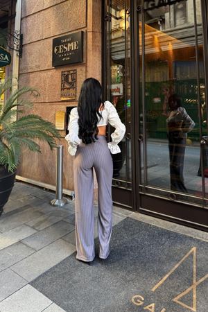Kadın  Dikey Çizgili Palazzo Pantolon - Gri