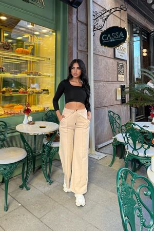 Kadın Bej Bağcıklı Geniş Paça Eşofman Pantolon
