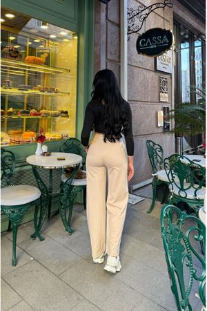Kadın Bej Bağcıklı Geniş Paça Eşofman Pantolon