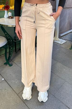 Kadın Bej Bağcıklı Geniş Paça Eşofman Pantolon