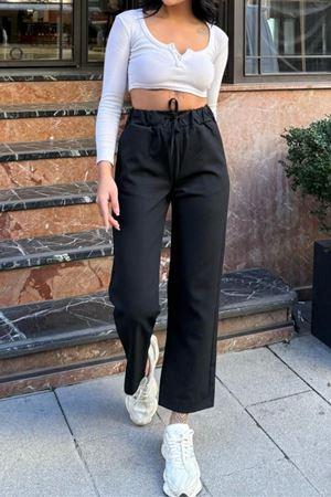 Kadın Bağcıklı Geniş Paça Eşofman Pantolon - Siyah