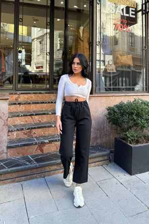 Kadın Bağcıklı Geniş Paça Eşofman Pantolon - Siyah