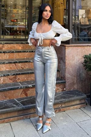 Metallic Silver Parlak Wide Leg Kadın Pantolon