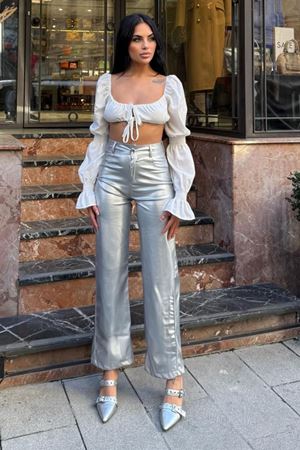 Metallic Silver Parlak Wide Leg Kadın Pantolon