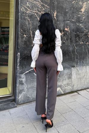 Yüksek Bel Çimalı  Wide Leg Kadın Pantolon -Gri