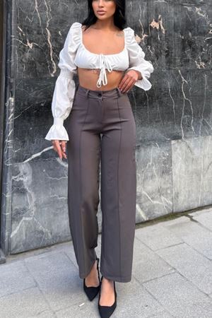 Yüksek Bel Çimalı  Wide Leg Kadın Pantolon -Gri