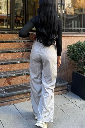 Parlak Relax Palazzo saten Kadın Pantolon -Gri