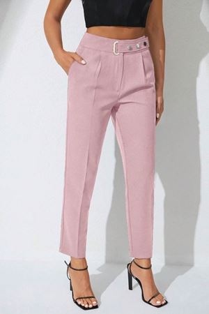 Ronasia ElegantFit Tokalı Yüksek Bel Kadın Pantolon-Pembe