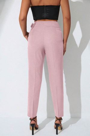 Ronasia ElegantFit Tokalı Yüksek Bel Kadın Pantolon-Pembe