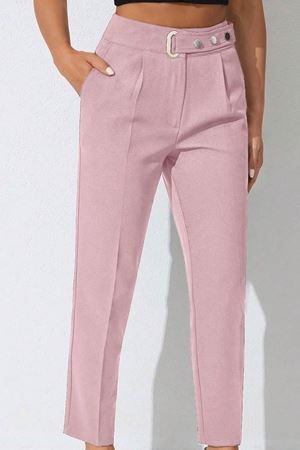 Ronasia ElegantFit Tokalı Yüksek Bel Kadın Pantolon-Pembe