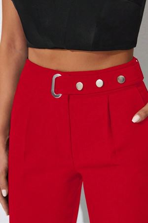 Ronasia ElegantFit Tokalı Yüksek Bel Kadın Pantolon-Kırmızı