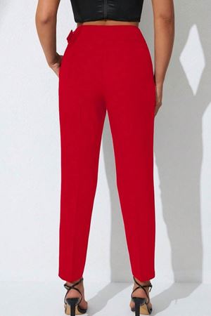 Ronasia ElegantFit Tokalı Yüksek Bel Kadın Pantolon-Kırmızı