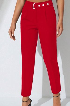 Ronasia ElegantFit Tokalı Yüksek Bel Kadın Pantolon-Kırmızı