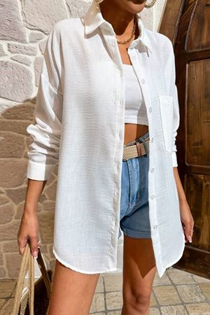 İnce Oversize Kadın Yazlık Gömlek – Ekru
