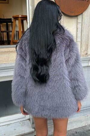 İthal ZR Geniş Yaka  Çıt Çıt ve Cep Detaylı Premium Lolita Kürk - Gri