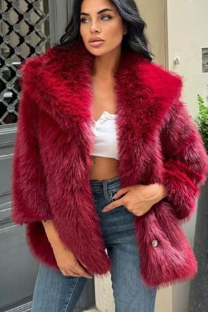 İthal ZR Geniş Yaka  Çıt Çıt ve Cep Detaylı Premium Lolita Kürk - Kırmızı