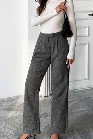 Kadın  YünDokulu Herringbone Geniş Paça Palazzo Pantolon – Yüksek Bel, Kışlık Modern Şıklık