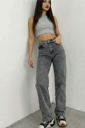 High Rise Straight Fit Gri Denim Jean