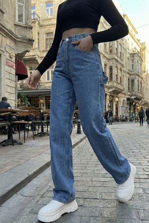 Yüksek Bel Geniş Paça Kadın Jean Pantolon – Mavi