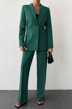 Tek Düğmeli Blazer Ceket Düz Paça Kadın Takım – Zümrüt Yeşili
