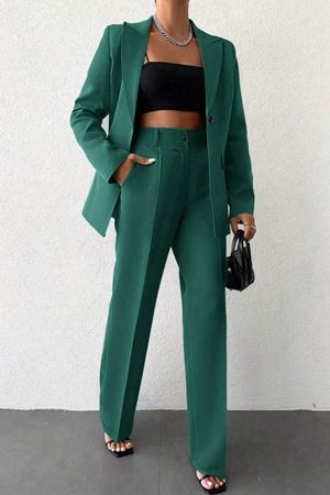 Tek Düğmeli Blazer Ceket Düz Paça Kadın Takım – Zümrüt Yeşili