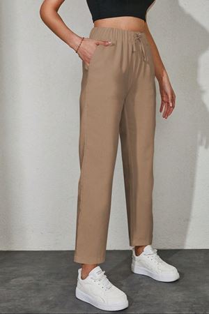 Yüksek Bel Bağcıklı Düz Paça Kadın Casual Pantolon – Vizon4556