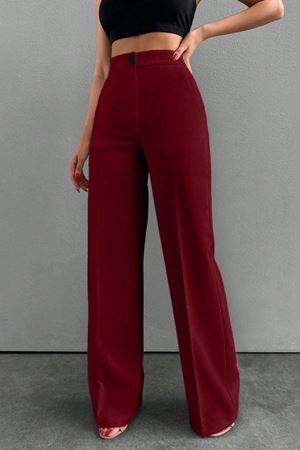 Yüksek Bel Geniş Paça Kadın Kumaş  Milano Pantolon -Bordo3852  