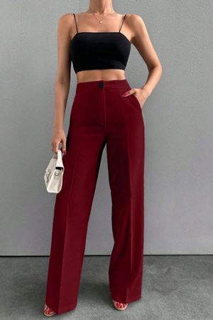 Yüksek Bel Geniş Paça Kadın Kumaş  Milano Pantolon -Bordo3852  