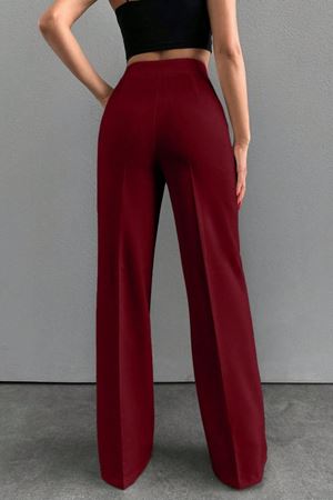 Yüksek Bel Geniş Paça Kadın Kumaş  Milano Pantolon -Bordo3852  