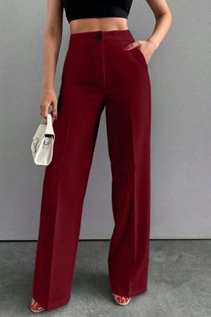 Yüksek Bel Geniş Paça Kadın Kumaş  Milano Pantolon -Bordo3852  