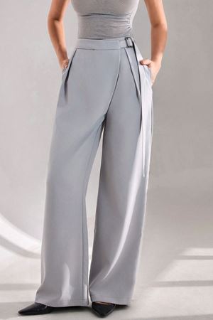 Modern Silüet Kemerli Bol Paça Pantolon-Gri