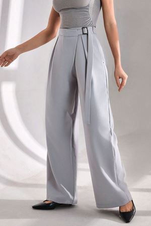 Modern Silüet Kemerli Bol Paça Pantolon-Gri