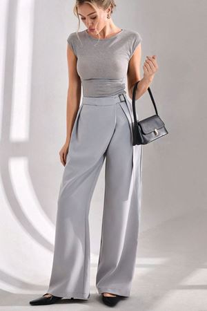 Modern Silüet Kemerli Bol Paça Pantolon-Gri