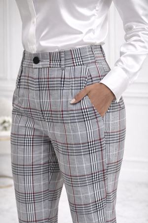 Gri  Ekose Yüksek Bel Dar Paça Pantolon-gri desen