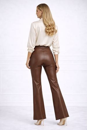 Brown Chic çımalı Deri Görünümlü  Yüksek Bel Kadın Pantolon -Kahverengi