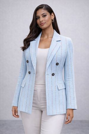 Çift Düğmeli Dokulu  Blazer Ceket -Mavi
