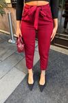 Kuşaklı Havuç Yüksel Bel Pantolon-Bordo
