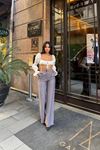 Kadın  Dikey Çizgili Palazzo Pantolon - Gri