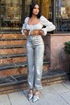 Metallic Silver Parlak Wide Leg Kadın Pantolon