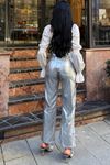Metallic Silver Parlak Wide Leg Kadın Pantolon